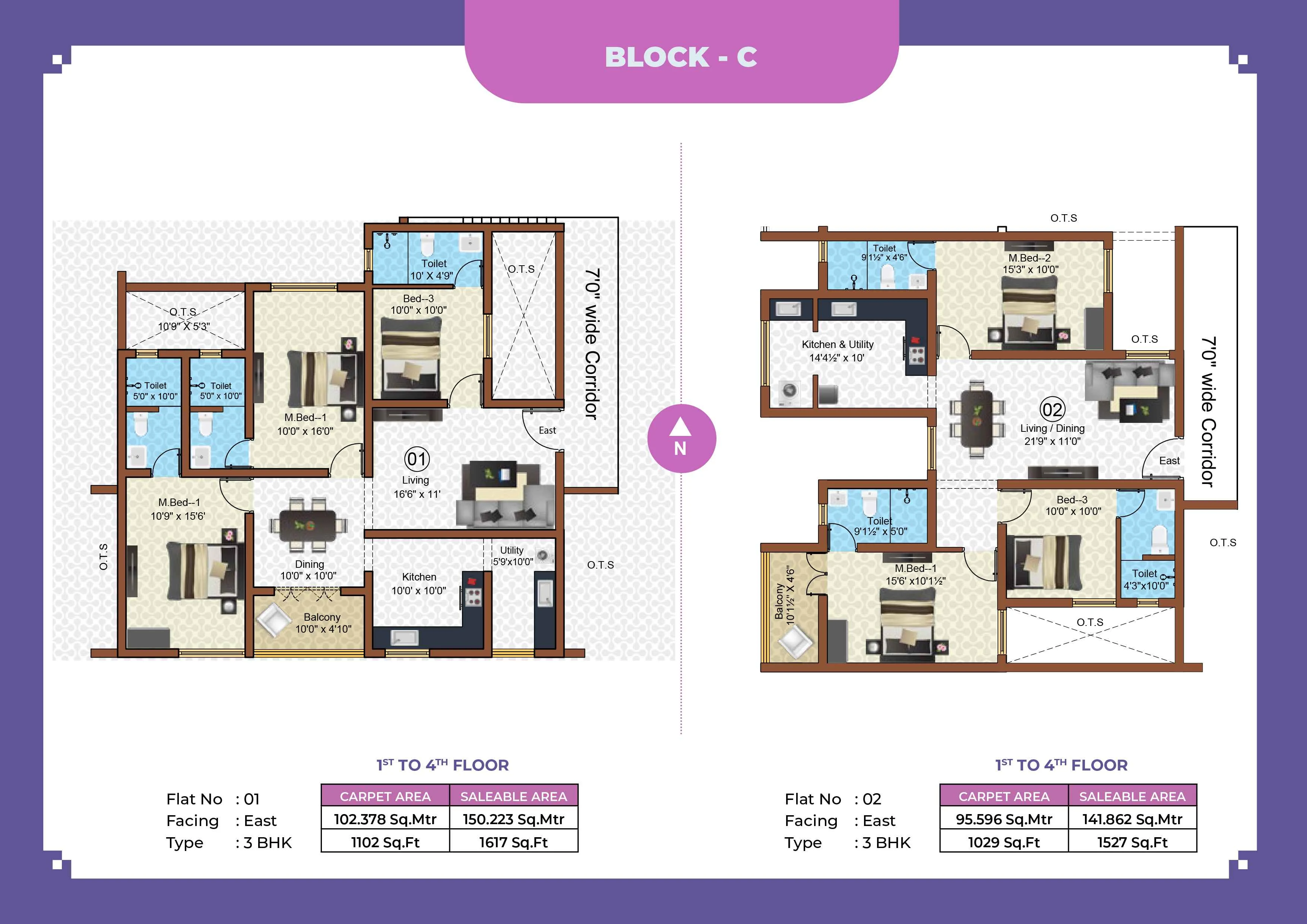 Callia Apartment 3BHK East facing floor plan 1617 sq-ft alternate