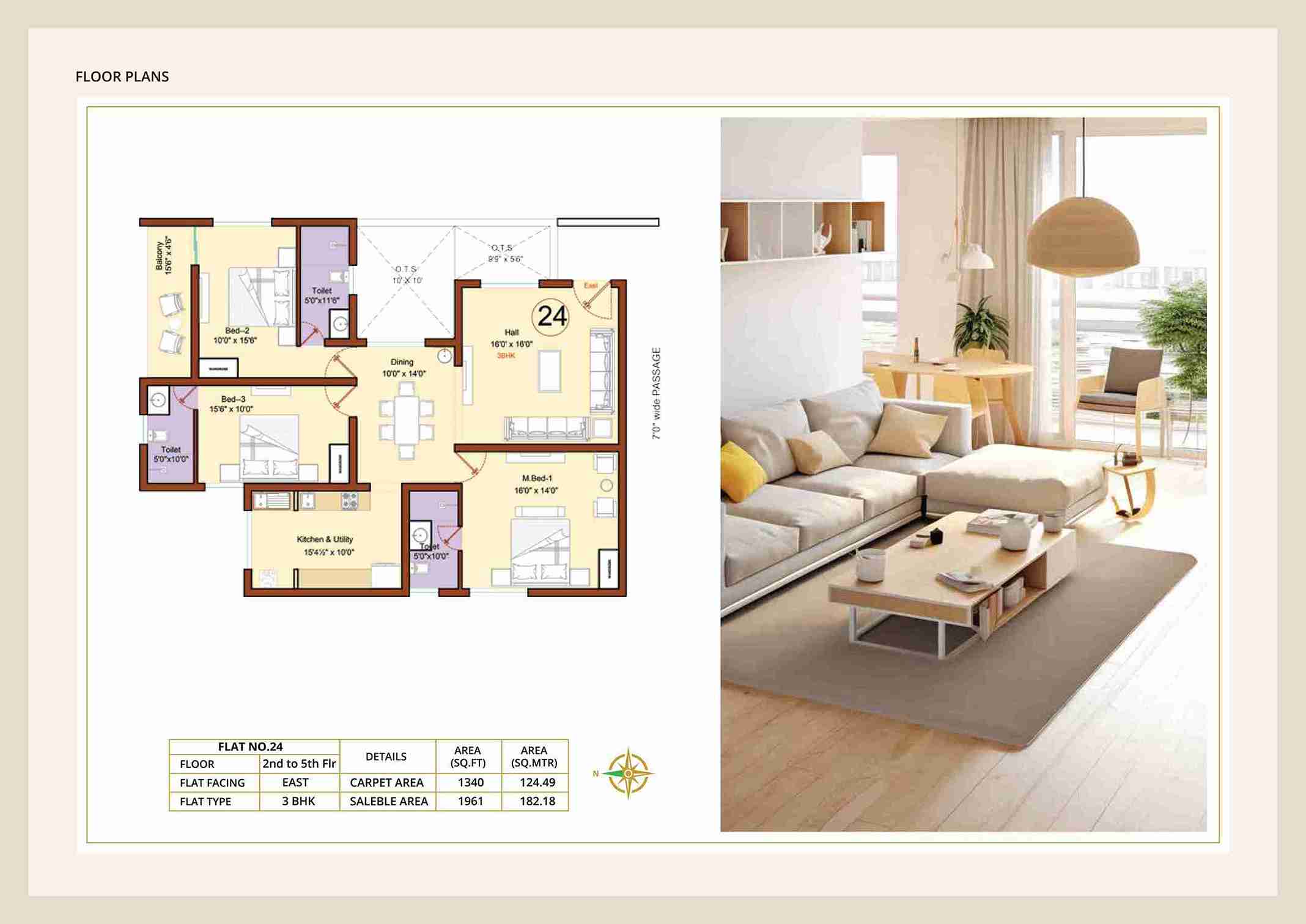 Diora Apartment 3BHK East facing floor plan 1961 sq-ft